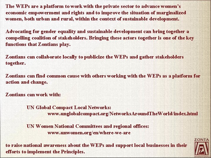 The WEPs are a platform to work with the private sector to advance women’s
