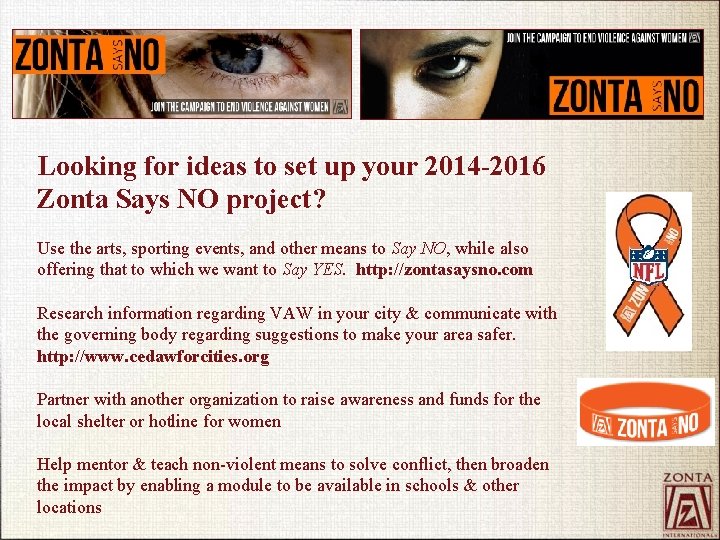 Looking for ideas to set up your 2014 -2016 Zonta Says NO project? Use