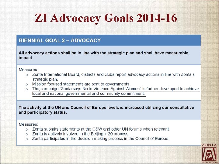 ZI Advocacy Goals 2014 -16 