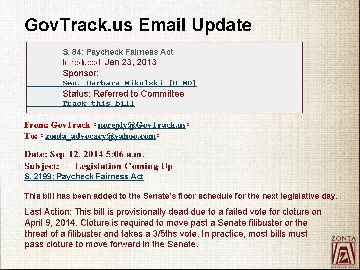 Gov. Track. us Email Update S. 84: Paycheck Fairness Act Introduced: Jan 23, 2013