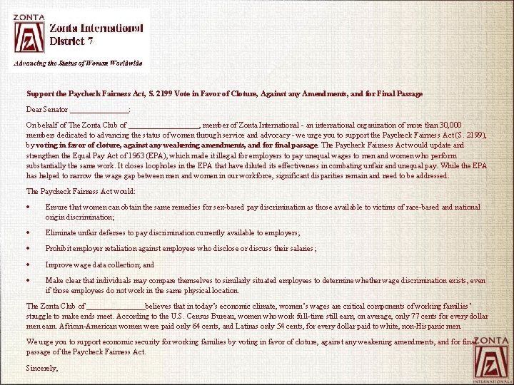 Support the Paycheck Fairness Act, S. 2199 Vote in Favor of Cloture, Against any