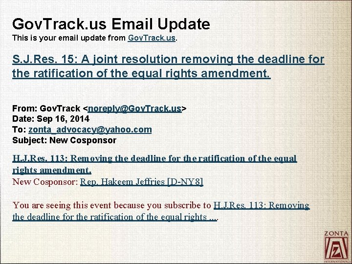 Gov. Track. us Email Update This is your email update from Gov. Track. us.