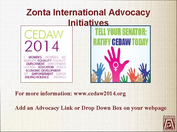 Zonta International Advocacy Initiatives For more information: www. cedaw 2014. org Add an Advocacy