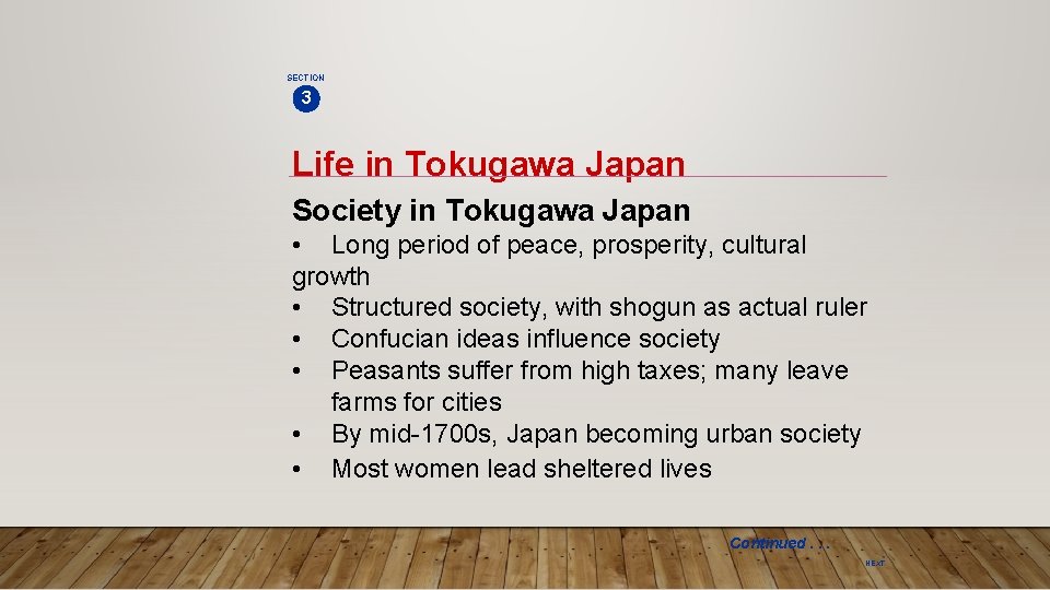 SECTION 3 Life in Tokugawa Japan Society in Tokugawa Japan • Long period of