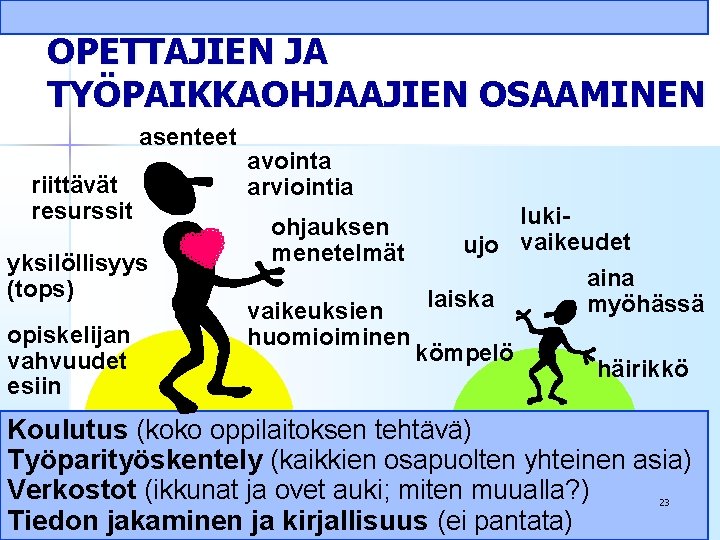 OPETTAJIEN JA TYÖPAIKKAOHJAAJIEN OSAAMINEN asenteet riittävät resurssit yksilöllisyys (tops) opiskelijan vahvuudet esiin avointa arviointia