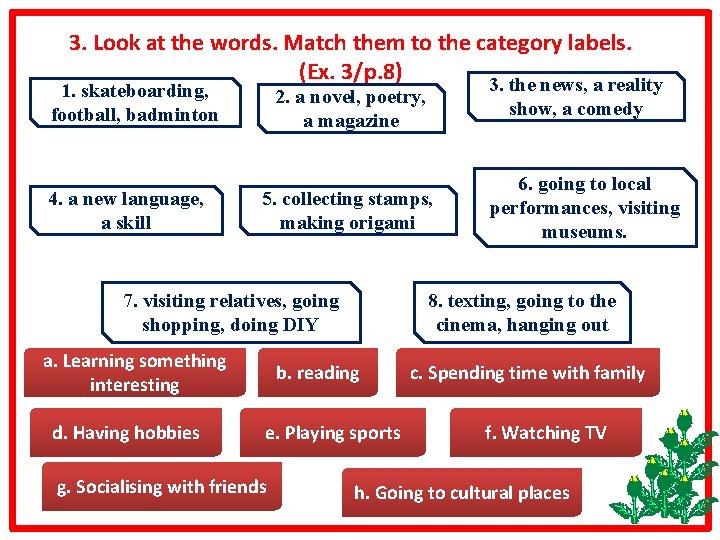 3. Look at the words. Match them to the category labels. (Ex. 3/p. 8)
