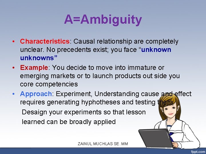 A=Ambiguity • Characteristics: Causal relationship are completely unclear. No precedents exist; you face “unknowns”