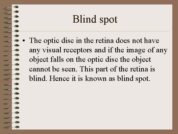 Blind spot • The optic disc in the retina does not have any visual