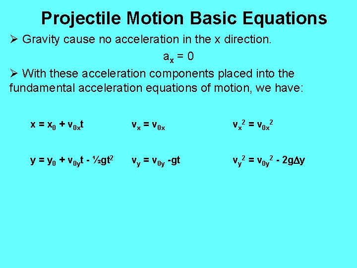 Projectile Motion Basic Equations Ø Gravity cause no acceleration in the x direction. ax