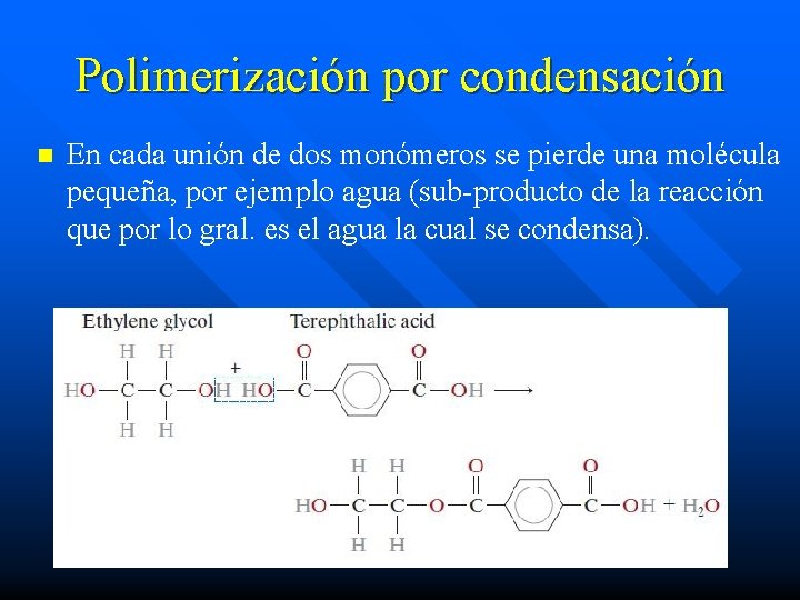 Polimerización por condensación n En cada unión de dos monómeros se pierde una molécula