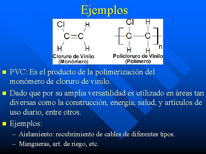 Ejemplos n n n PVC: Es el producto de la polimerización del monómero de