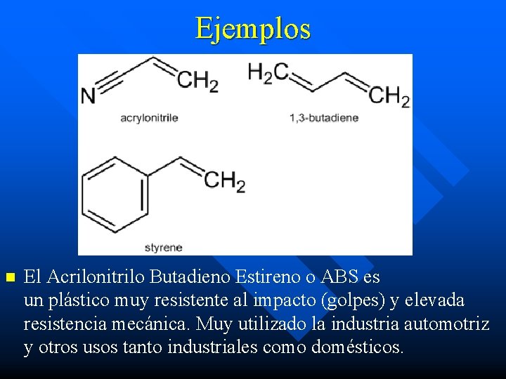 Ejemplos n El Acrilonitrilo Butadieno Estireno o ABS es un plástico muy resistente al