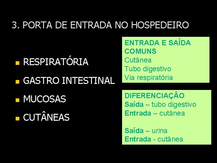 3. PORTA DE ENTRADA NO HOSPEDEIRO n RESPIRATÓRIA n GASTRO INTESTINAL n MUCOSAS n