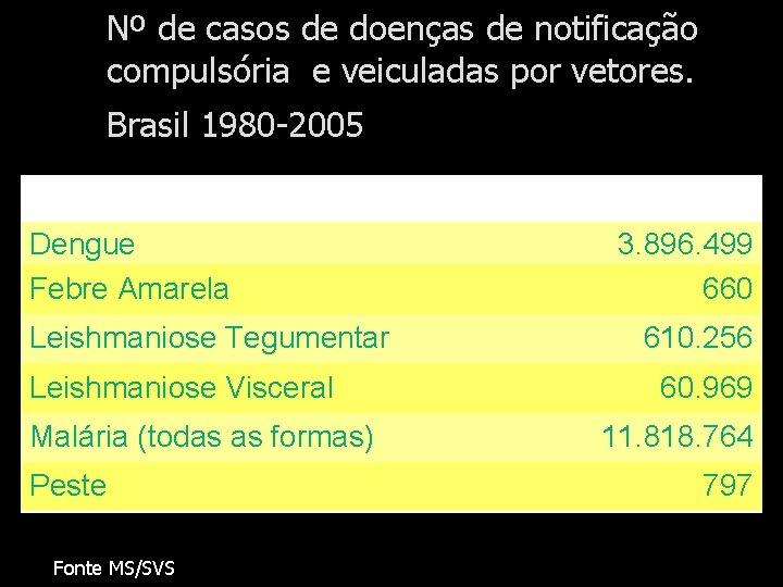 Nº de casos de doenças de notificação compulsória e veiculadas por vetores. Brasil 1980