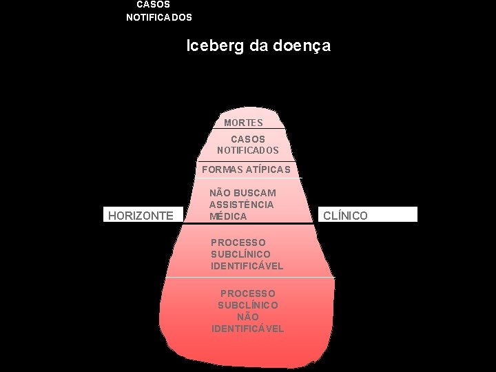 CASOS NOTIFICADOS Iceberg da doença MORTES CASOS NOTIFICADOS FORMAS ATÍPICAS HORIZONTE NÃO BUSCAM ASSISTÊNCIA