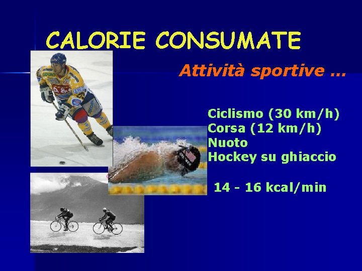 CALORIE CONSUMATE Attività sportive … Ciclismo (30 km/h) Corsa (12 km/h) Nuoto Hockey su