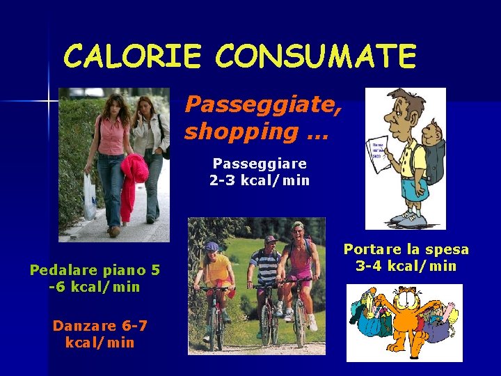 CALORIE CONSUMATE Passeggiate, shopping … Passeggiare 2 -3 kcal/min Pedalare piano 5 -6 kcal/min