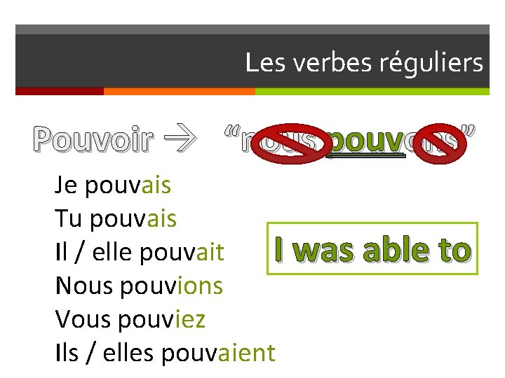 Les verbes réguliers Pouvoir “nous pouvons” Je pouvais Tu pouvais Il / elle pouvait