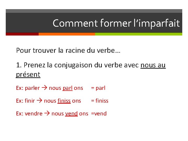 Comment former l’imparfait Pour trouver la racine du verbe… 1. Prenez la conjugaison du