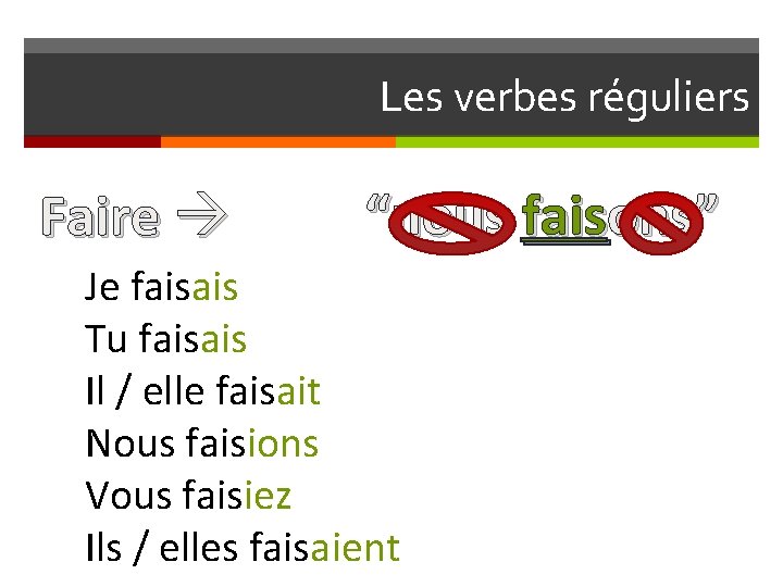 Les verbes réguliers Faire “nous faisons” Je faisais Tu faisais Il / elle faisait