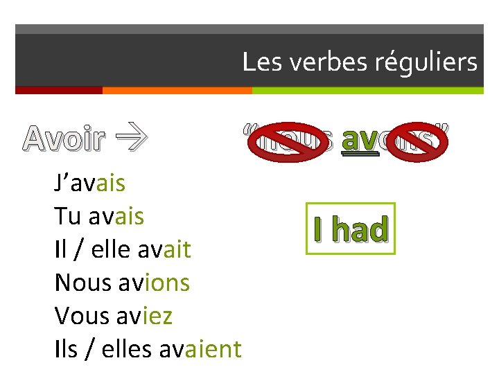 Les verbes réguliers Avoir “nous avons” J’avais Tu avais Il / elle avait Nous