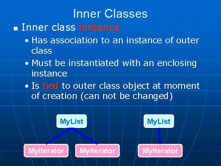 Inner Classes n Inner class instance • Has association to an instance of outer
