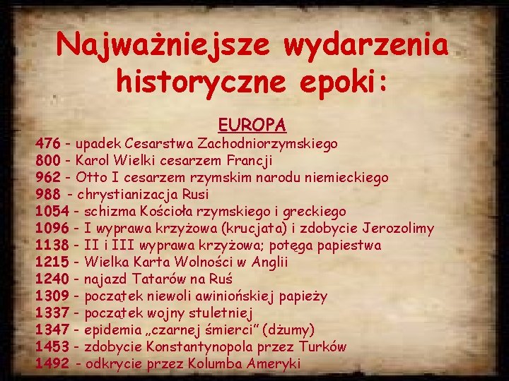  Najważniejsze wydarzenia historyczne epoki: EUROPA 476 - upadek Cesarstwa Zachodniorzymskiego 800 - Karol