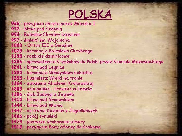 POLSKA 966 - przyjęcie chrztu przez Mieszka I 972 - bitwa pod Cedynią 992
