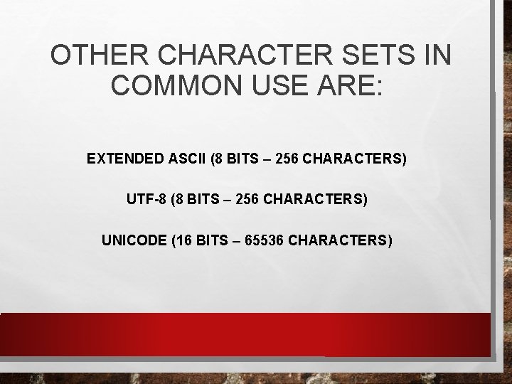  OTHER CHARACTER SETS IN COMMON USE ARE: EXTENDED ASCII (8 BITS – 256