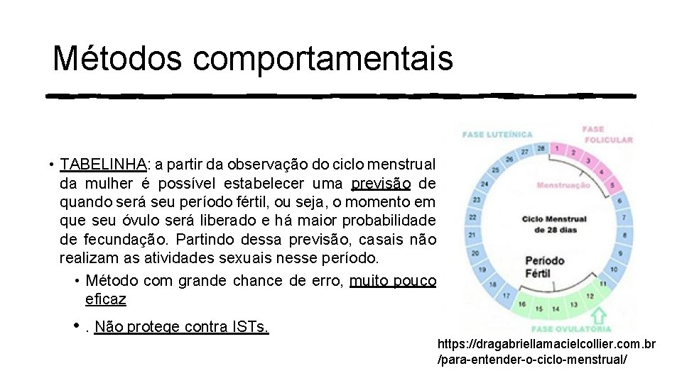 Métodos comportamentais • TABELINHA: a partir da observação do ciclo menstrual da mulher é Métodos comportamentais • TABELINHA: a partir da observação do ciclo menstrual da mulher é
