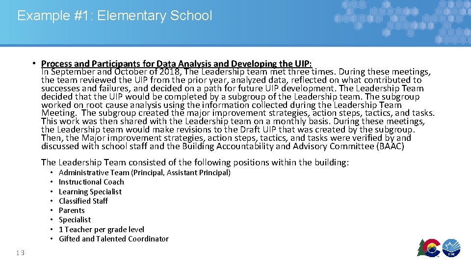 Example #1: Elementary School • Process and Participants for Data Analysis and Developing the Example #1: Elementary School • Process and Participants for Data Analysis and Developing the