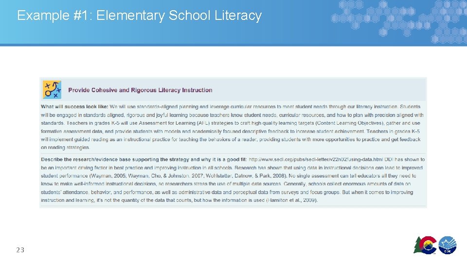 Example #1: Elementary School Literacy 23 Example #1: Elementary School Literacy 23