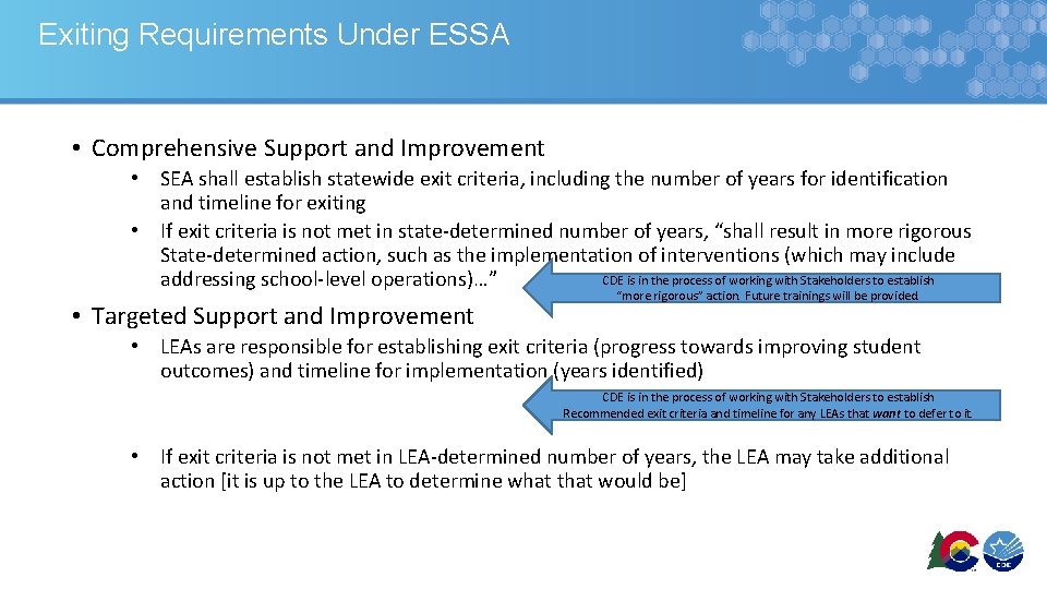 Exiting Requirements Under ESSA • Comprehensive Support and Improvement • SEA shall establish statewide Exiting Requirements Under ESSA • Comprehensive Support and Improvement • SEA shall establish statewide