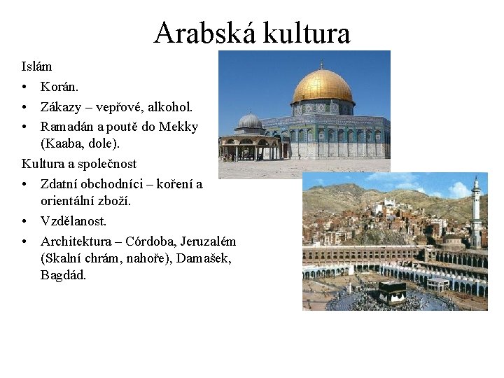 Arabská kultura Islám • Korán. • Zákazy – vepřové, alkohol. • Ramadán a poutě