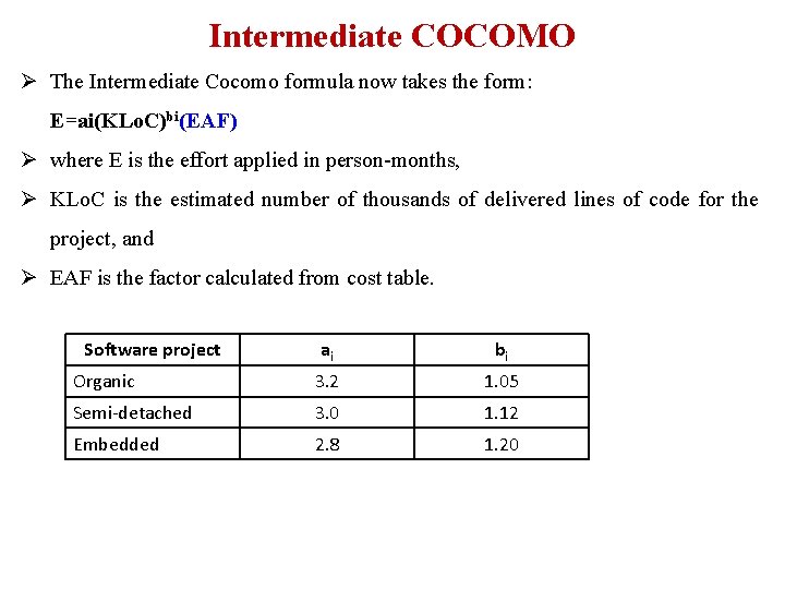 Intermediate COCOMO Ø The Intermediate Cocomo formula now takes the form: E=ai(KLo. C)bi(EAF) Ø