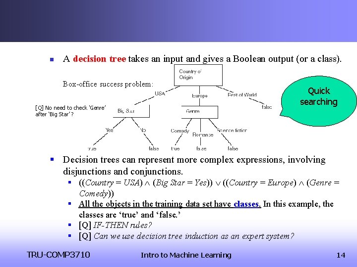 n A decision tree takes an input and gives a Boolean output (or a