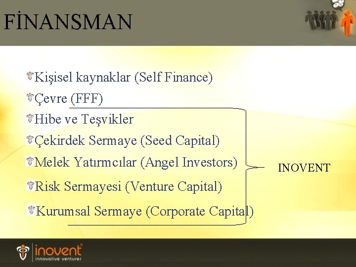FİNANSMAN Kişisel kaynaklar (Self Finance) Çevre (FFF) Hibe ve Teşvikler Çekirdek Sermaye (Seed Capital)