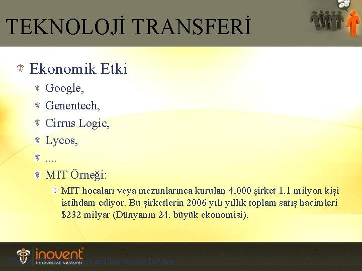 TEKNOLOJİ TRANSFERİ Ekonomik Etki Google, Genentech, Cirrus Logic, Lycos, . . MIT Örneği: MIT