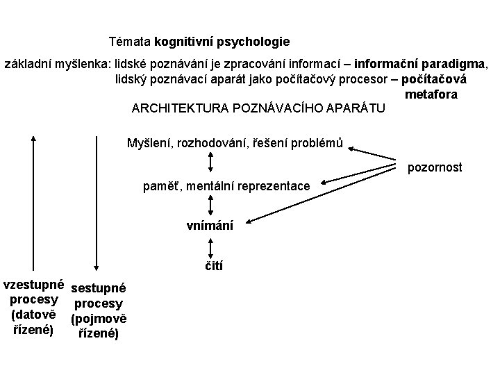 Témata kognitivní psychologie základní myšlenka: lidské poznávání je zpracování informací – informační paradigma, lidský