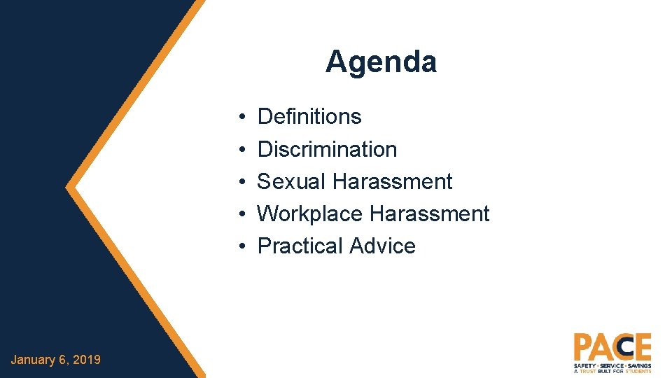 Agenda • • • January 6, 2019 Definitions Discrimination Sexual Harassment Workplace Harassment Practical