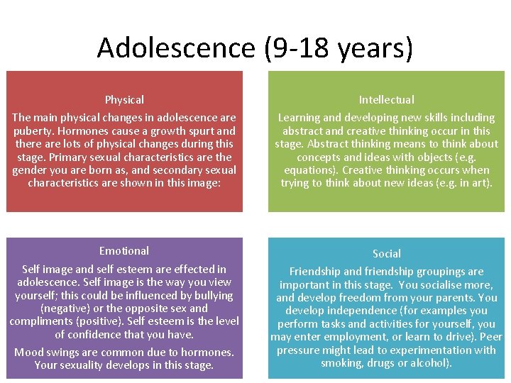 Adolescence (9 -18 years) Physical The main physical changes in adolescence are puberty. Hormones