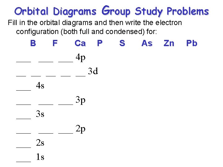 Group Orbital Diagrams Study Problems Fill in the orbital diagrams and then write the