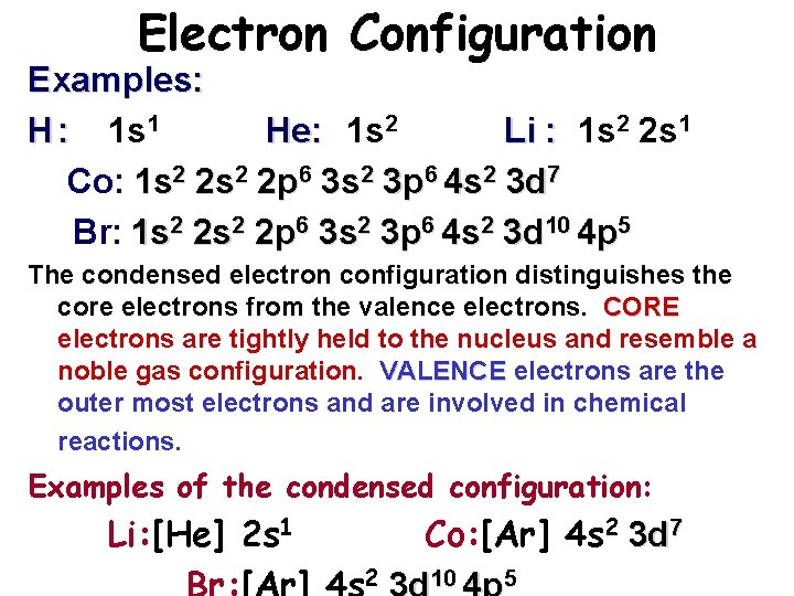 Electron Configuration Examples: H : 1 s 1 He: 1 s 2 Li :