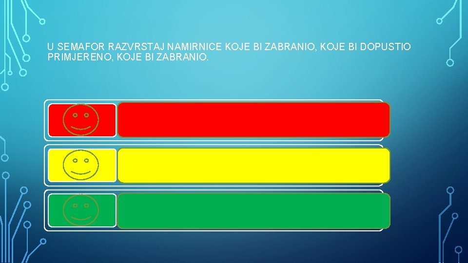 U SEMAFOR RAZVRSTAJ NAMIRNICE KOJE BI ZABRANIO, KOJE BI DOPUSTIO PRIMJERENO, KOJE BI ZABRANIO.