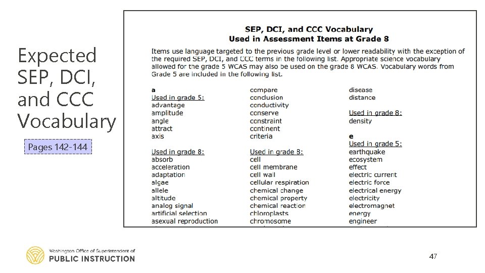 Expected SEP, DCI, and CCC Vocabulary Pages 142 -144 47 