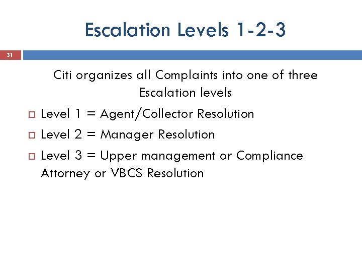 Escalation Levels 1 -2 -3 31 Citi organizes all Complaints into one of three