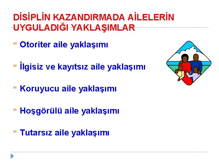 DİSİPLİN KAZANDIRMADA AİLELERİN UYGULADIĞI YAKLAŞIMLAR Otoriter aile yaklaşımı İlgisiz ve kayıtsız aile yaklaşımı Koruyucu