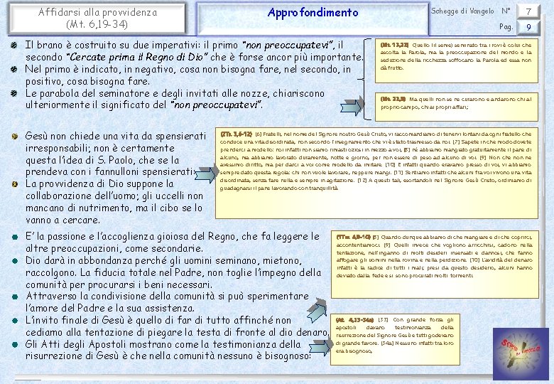 Affidarsi alla provvidenza (Mt. 6, 19 -34) Approfondimento Il brano è costruito su due