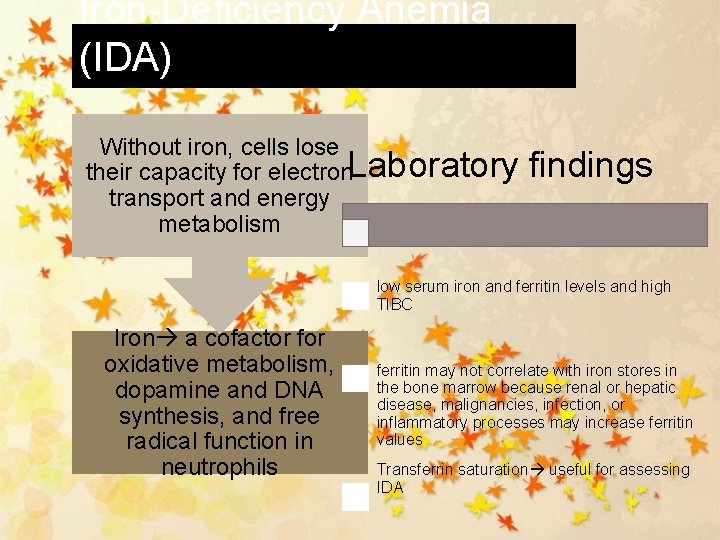 Iron-Deficiency Anemia (IDA) Without iron, cells lose Laboratory findings their capacity for electron transport