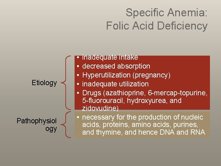 Specific Anemia: Folic Acid Deficiency Etiology Pathophysiol ogy • • • inadequate intake decreased